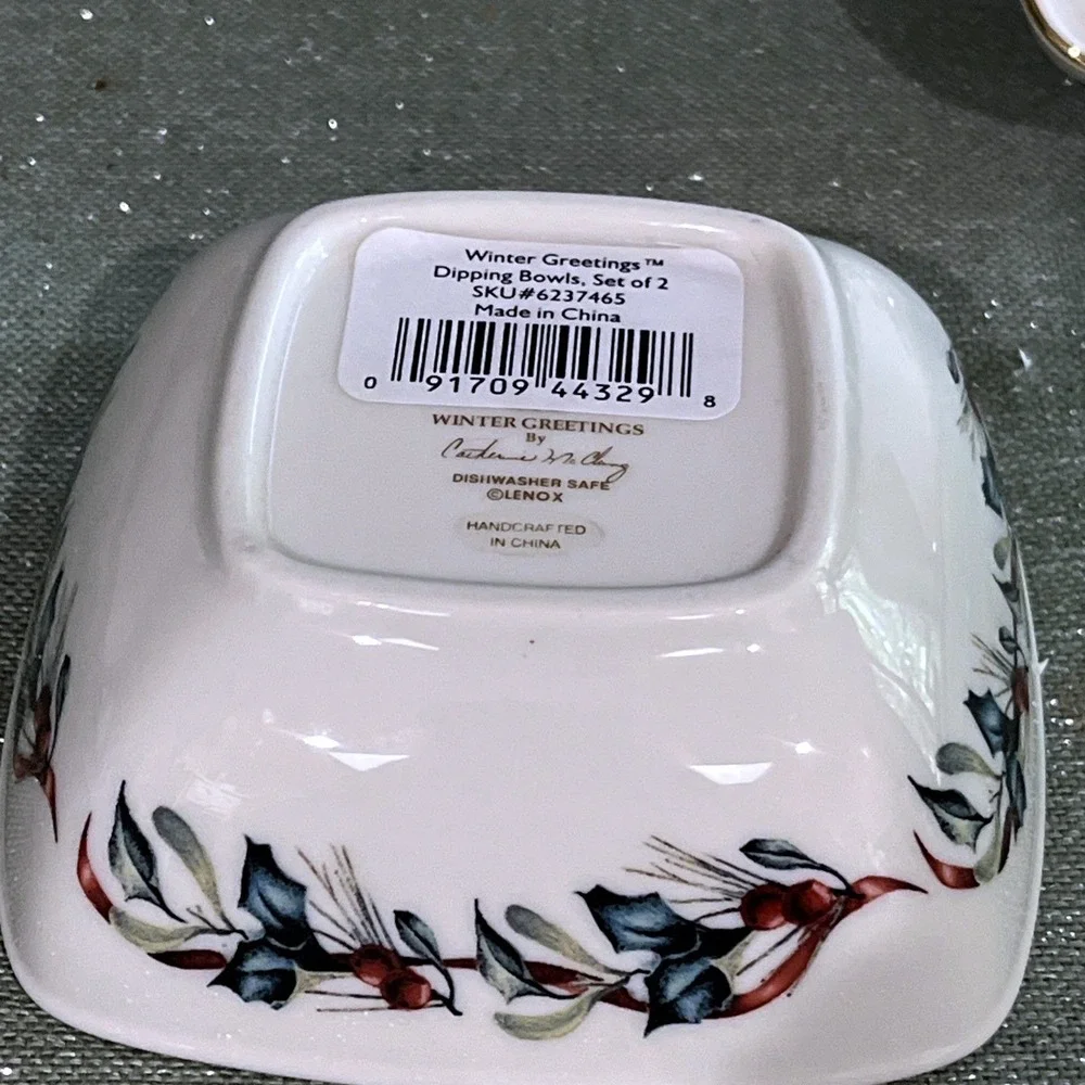 LENOX WINTER GREETINGS 2 Dipping Bowls~NUTHATCH & CHICKADEE~Catherine McClung